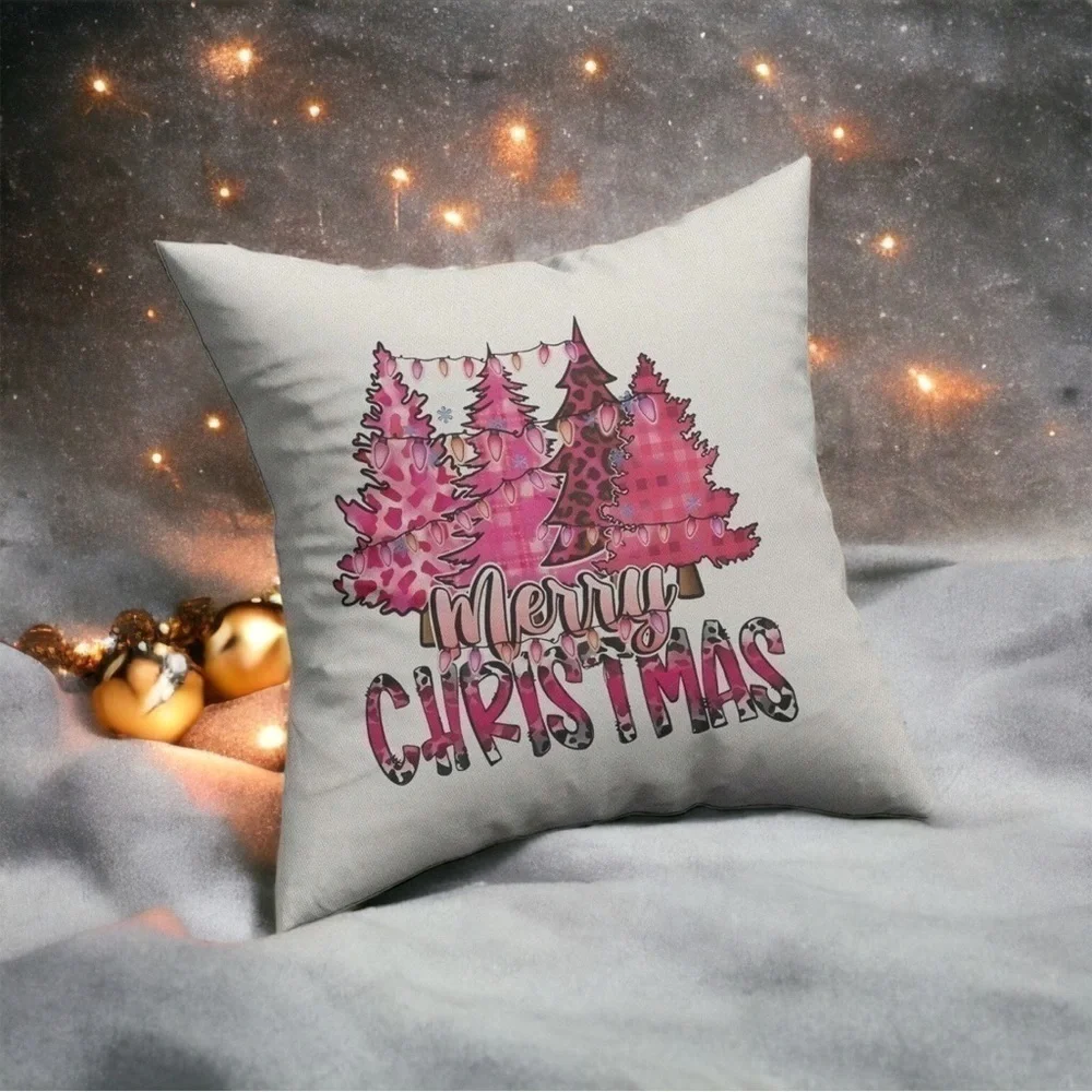 PINK LEOPARD CHRISTMAS TREE MERRY CHRISTMAS PILLOW COVER WITH ZIPPER